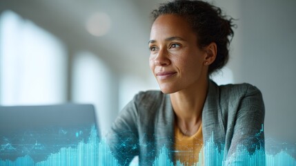 Businesswoman is looking away and smiling while working with a laptop, with a superimposed visualization of an artificial intelligence algorithm analyzing data represented by a digital chart