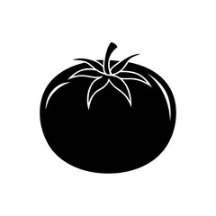 Illustration of a single tomato with stem and leaves in black and white style on transparent background