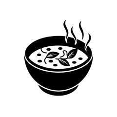 Illustration of a bowl of hot soup with herbs and steam rising in black and white on transparent background
