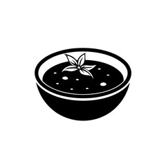 Illustration of a bowl of soup with a garnish of leaves on top in black and white on transparent background