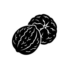 Illustration of two walnuts in black and white with detailed shell texture on transparent background
