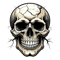 Fototapeta premium PNG cartoon vector of a cracked skull with rugged texture, ideal for horror designs, dark art, edgy graphics, rock band posters, Halloween themes, and alternative creative branding projects
