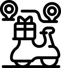 Scooter transporting gift box between two location pins, symbolizing express delivery service and logistics