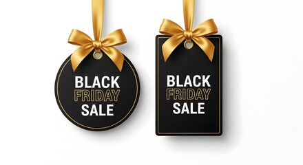 Black friday sale tags with golden ribbons and bows on white background