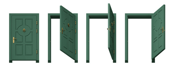 Classic green door perspective view opening sequence, 3D render with brass handle isolated on black background