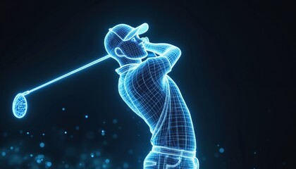 Digital wireframe golfer swings club in motion. Abstract blue glowing figure plays golf at night with bokeh background. Athlete strikes ball in virtual sport.