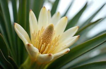 Obraz premium Close up of a fragrant screwpine flower with yellow petals and stamen. The Pandanus plant has long green leaves forming a natural background. Macro view.