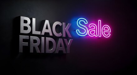 Bold black friday sale neon sign on dark textured background