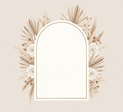 Arch-Shaped Floral Frame — Dried Palm Leaves, White Roses, and Gold Line Border, Modern Wedding Stationery Aesthetic, Watercolor