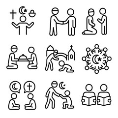 Interfaith Dialogue and Religious Tolerance Icon Set: Islam and Christianity Outline
