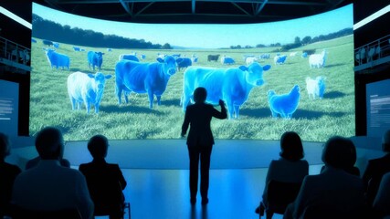 Presenter Explaining Digital Livestock Concept to Audience in Theatre - Powered by Adobe
