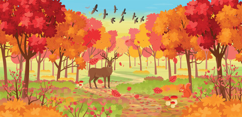 Autumn forest with a village and a winding path, a deer, and a squirrel. Beautiful autumn landscape deep in the forest, hand-drawn vector illustration. © NADEZHDA
