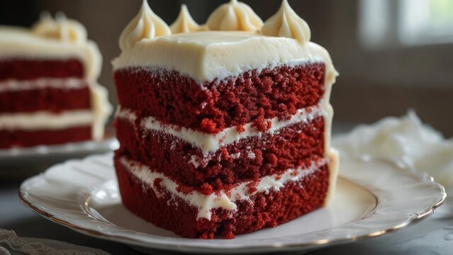 Close-up of a red velvet cake slice, layered with cream cheese frosting, on a plate