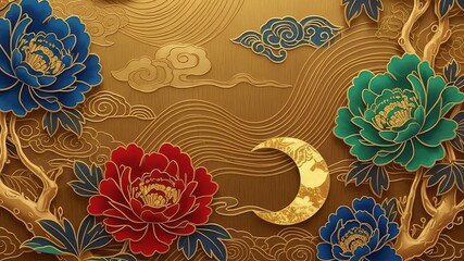 3D Render: Luxe gold Asian wallpaper featuring peony and moon design