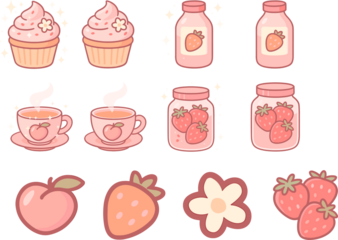  Cute pastel illustration set featuring cupcakes, peach tea cups, strawberry jars, and fruit icons in a kawaii pink aesthetic with sparkles and soft outlines.