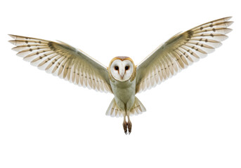 Obraz premium Isolated Barn Owl gliding with outstretched wings, nocturnal bird of prey mid-flight