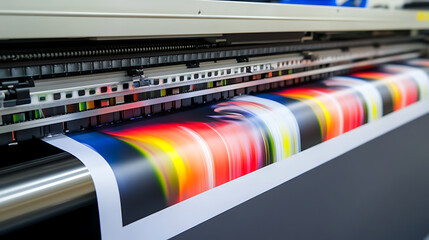 Close-up of a wide format printer in action, showcasing its precision and vibrant color output on a large sheet of paper. The modern machinery highlights printing technology.