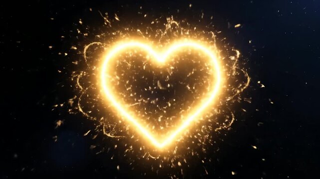 Glowing heart sparkles against a dark backdrop, symbolizing love and affection with a dazzling display of light and energy, creating a romantic atmosphere.