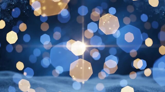 Abstract festive background with blue and gold bokeh lights. Magical winter holiday scene with glowing octagonal shapes and sparkling glitter
