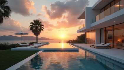 Modern luxury villa with infinity pool overlooks ocean sunset. White minimalist architecture features glass walls, balconies, lounge chairs, palm trees. Serene tropical paradise for relaxing vacation.