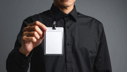 Businessman wearing black shirt holding blank ID badge, professional corporate presentation, confident expression, close up, gray background, office concept