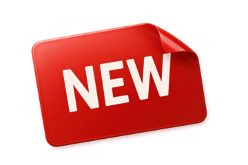 Red new rectangular sticker or label with a peeled corner, suitable for announcements and promotions on transparent background