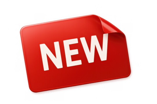 Red new rectangular sticker or label with a peeled corner, suitable for announcements and promotions on transparent background