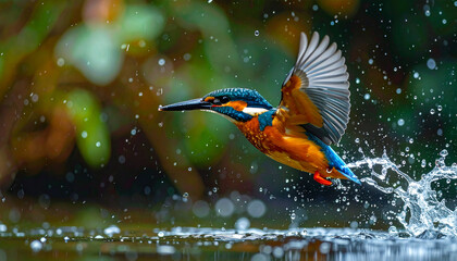 Firefly kingfisher in flight above river droplets scattering mid air, vibrant plumage, high speed action, nature wildlife photography, colorful bird