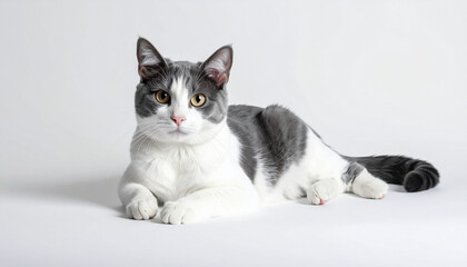 Gray and white cat lying on white background, looking calm and relaxed, soft natural light, elegant fur, domestic pet, adorable feline portrait
