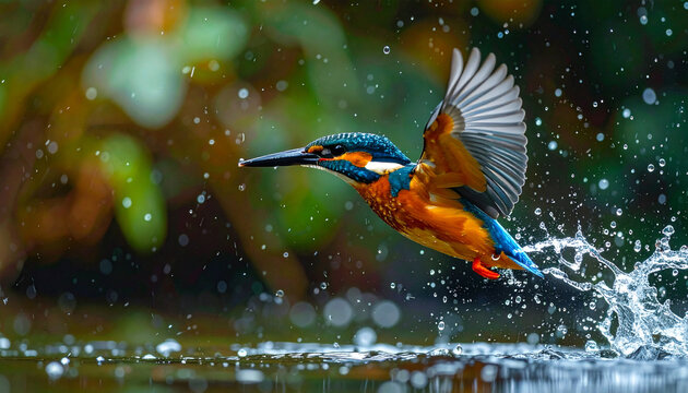 Firefly kingfisher in flight above river droplets scattering mid air, vibrant plumage, high speed action, nature wildlife photography, colorful bird