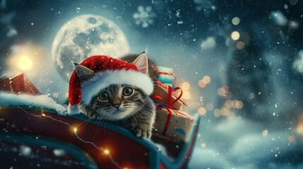満月の夜、サンタの帽子をかぶってソリに乗る子猫