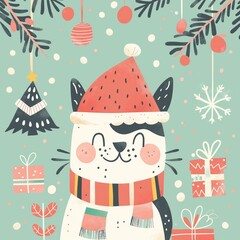 プレゼントとクリスマスツリーに囲まれた、笑顔の猫のイラスト