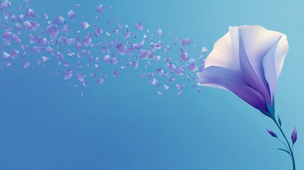 Close up of a digitally created flower with petals floating in the air against blue