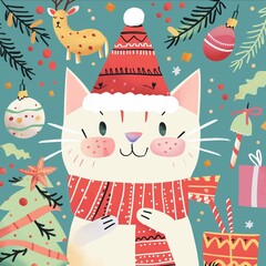 サンタの帽子とマフラーをした可愛い白猫のクリスマスカード