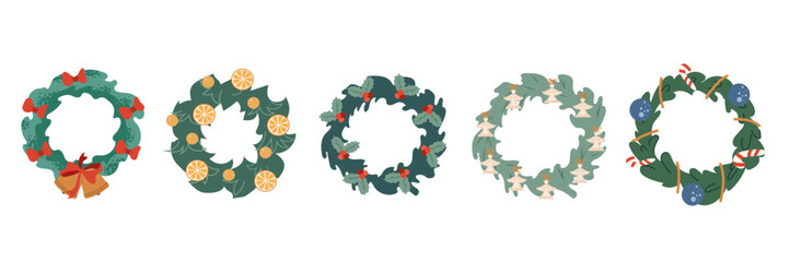 A collection of five  Christmas door wreaths and garlands decorated with holly, bells, candy canes, oranges, and angels. Winter holiday decor elements isolated