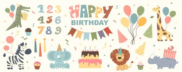Cute safari animals  set with birthday party design elements, such as cake, balloons, gifts, hats, numbers. Kids festive charakters