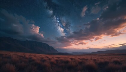 Night sky with milky way over mountain range. Dark clouds drift across starry expanse. Brown grassy field stretches to horizon at dusk. Wide panorama.