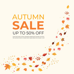Set of Fall leaves, leaves falling during fall, autumn season yellow  and orange leaves, Autumn sale, up to 30, 40, 50% off, theme background, clean premium vector layout