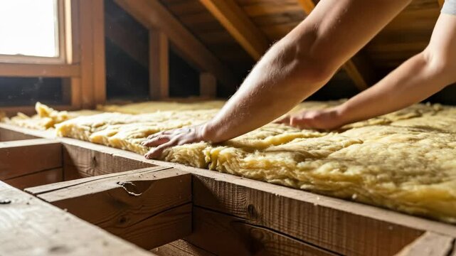 Hands of a woman installing mineral fiber insulation on a house attic roof top in an old building structure video footage.