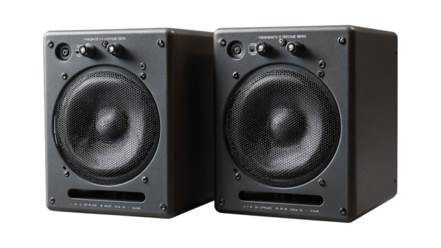 Modern compact black speakers offering premium audio performance perfect for minimalist interiors transparent background image
