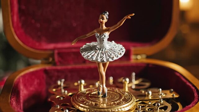Classic vintage music box with dancing Black ballerina figurine. Nostalgic Christmas holiday gift with ornate gold mechanism