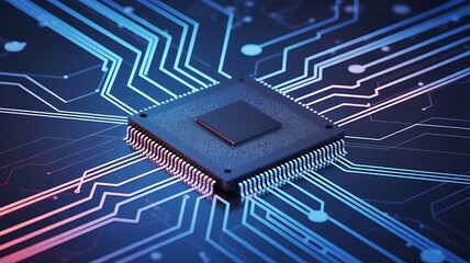 A central processing unit sits on a detailed circuit board with glowing blue and red pathways