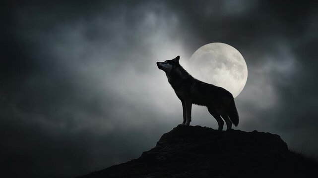 Howling wolf silhouette on rocky ridge under full moon night with dramatic cloudy sky moody lunar backlight howl