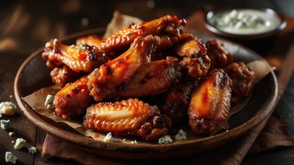 Close-up of glazed chicken wings on a rustic plate, garnished with crumbled cheese and served with a creamy dip
