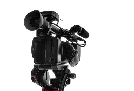 Professional video camera on tripod isolated on white background, representing modern filmmaking and media production equipment.
