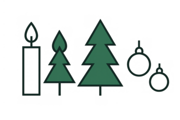 Set of vector christmas icons featuring holiday trees, a lit candle, and round ornaments, ready for seasonal designs