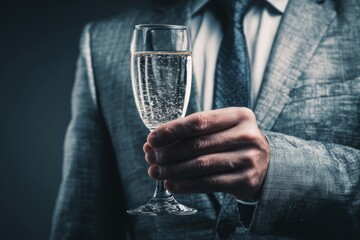 Businessman holding a glass of sparkling water in a toast, celebrating corporate success.