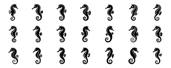 Seahorse Silhouette Vector Icon Set - Marine Life and Sea Animal Collection