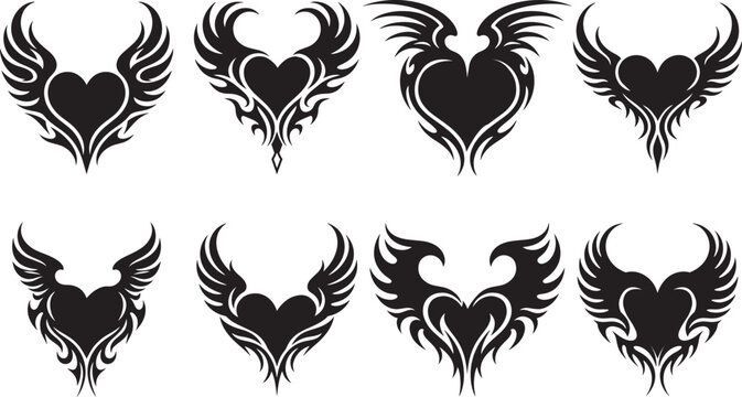 Tribal heart wings tattoo vector silhouette set