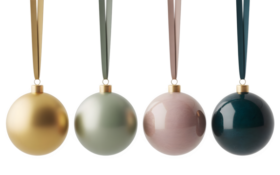 Colorful full Christmas balls png hanging with ribbons set on transparent background, colorful balls set png, 